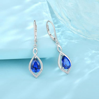 Infinity Teardrop Earrings 925 Sterling Silver Dangle Drop Leverback Earrings Birthstone Jewelry for Women - color: Royal Blue