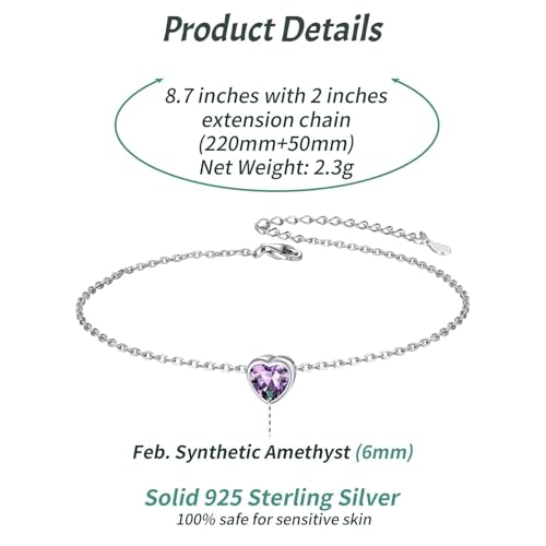 ChicSilver 925 Sterling Silver Anklets for Women, Simple Dainty Round/Heart Birthstone Ankle Bracelet Beach Foot Jewelry, 8.7-10.7 Inch Adjustable - color: 02. Heart - February(Amethyst)