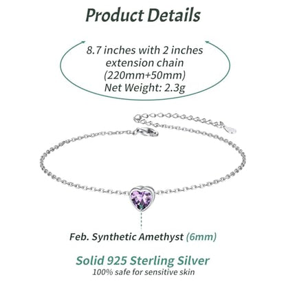 ChicSilver 925 Sterling Silver Anklets for Women, Simple Dainty Round/Heart Birthstone Ankle Bracelet Beach Foot Jewelry, 8.7-10.7 Inch Adjustable - color: 02. Heart - February(Amethyst)