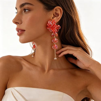 Fabric Flower Earrings for Women Colorful Long Tassel Floral Drop Earrings Fashion Boho Exaggerated Statement Beach Party Jewelry - color: acrylic red