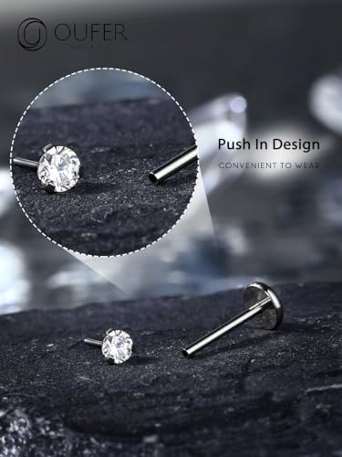 OUFER 2PCS Nose Piercings, G23 Solid Titanium Threadless Nose Rings 20G, Clear Tiny CZ Nose Stud Flat Back Nose Nostril Piercing Jewelry for Women Men - size: 2.5mm CZ_20g 6mm