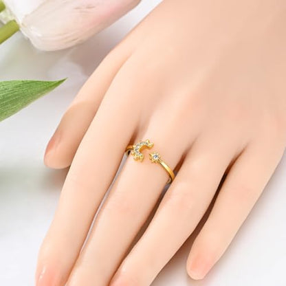 925 Sterling Silver Adjustable Rings for Women 14K Gold Plated Thumb Rings | Stackable Statement Eternity Rings Dainty Starfish Star Moon Heart Lucky Open Ring Trendy Jewelry Birthday Gifts for Ladies - color: Gold Star Moon Ring