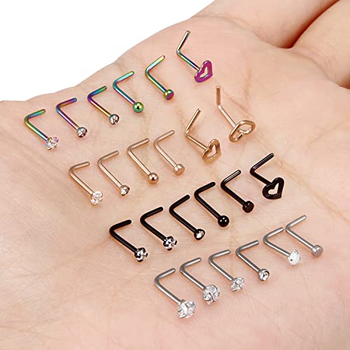 18G 20G Nose Rings Piercings Hypoallergenic Nose Studs 316L Surgical Steel Heart Nose Rings L Shaped Straight Screw Nose Piercing Jewelry for Women Men Silver Black Rose Gold Colorful - color: 20G Mix Color-L Shaped