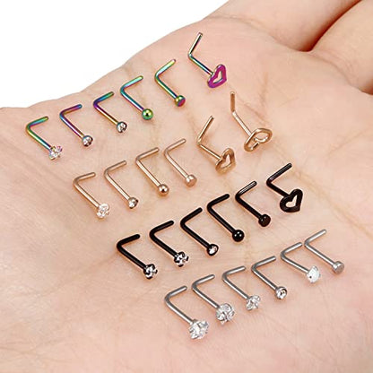 18G 20G Nose Rings Piercings Hypoallergenic Nose Studs 316L Surgical Steel Heart Nose Rings L Shaped Straight Screw Nose Piercing Jewelry for Women Men Silver Black Rose Gold Colorful - color: 20G Mix Color-L Shaped