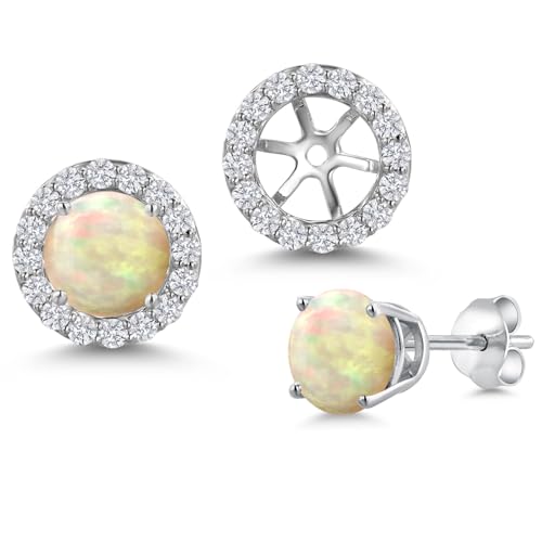 Gem Stone King 14K White Gold 6MM Round Gemstone Birthstone Stud Earrings with Removable Jackets and Lab Grown Diamond Accents | Gold Earrings For Women | Fine Jewelry Gift for Her Mom Women Wife - color: Ethiopian Opal-Cabochon-October