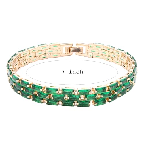 Tennis Bracelet, 13mm Width, Black Cubic Zirconia, Gold Plated Brass, 7 Inch Length, 11 Grams - color: Gold Green