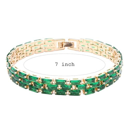 Tennis Bracelet, 13mm Width, Black Cubic Zirconia, Gold Plated Brass, 7 Inch Length, 11 Grams - color: Gold Green