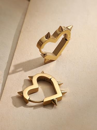 Huggie Hoop Spike Heart Earrings, Gothic Punk Grunge Emo Y2k Earrings, Goth Jewelry, Christmas Jewelry Gift For Women - color: gold