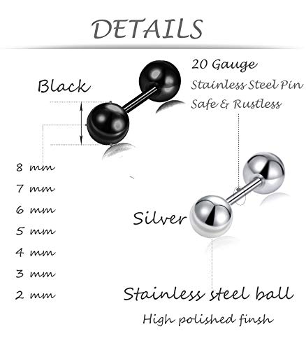 14 Pairs Stainless Steel Ball Stud Earrings Barbell Cartilage Tragus Helix Ear Piercing For Men Women 2-8mm Silver Black - style: A:Ball,7 Pairs Black and 7 Pairs Silver