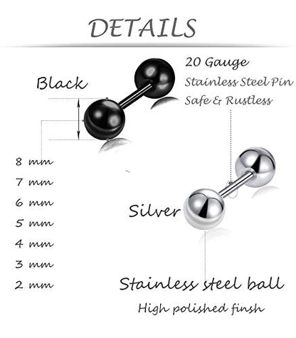 14 Pairs Stainless Steel Ball Stud Earrings Barbell Cartilage Tragus Helix Ear Piercing For Men Women 2-8mm Silver Black - style: A:Ball,7 Pairs Black and 7 Pairs Silver