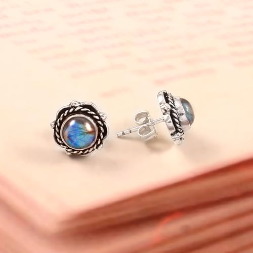 925 Sterling Silver Gemstone Stud Earrings for Women | Handmade Birthstone Jewelry | Labradorite, Turquoise, Carnelian, Moonstone, Black Onyx, Amethyst