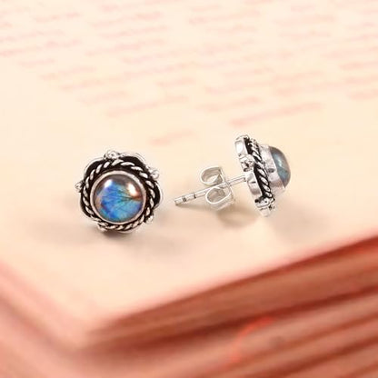 925 Sterling Silver Gemstone Stud Earrings for Women | Handmade Birthstone Jewelry | Labradorite, Turquoise, Carnelian, Moonstone, Black Onyx, Amethyst