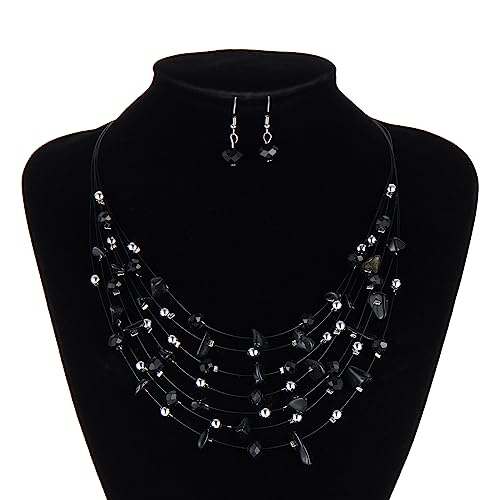 Multi-Layer Boho Shell Beaded Necklace for Women Colorful Crystal Strand with Silver Beads Statement Collars Necklace and Earrings Costumes Jewelry Sets for Women - color: 48-Black