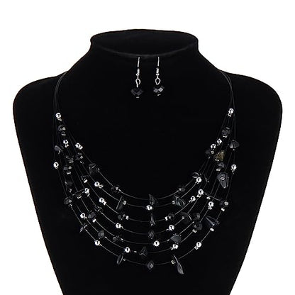 Multi-Layer Boho Shell Beaded Necklace for Women Colorful Crystal Strand with Silver Beads Statement Collars Necklace and Earrings Costumes Jewelry Sets for Women - color: 48-Black