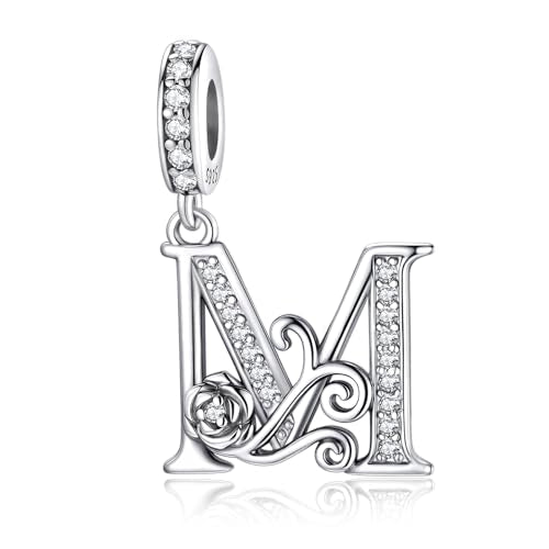 LNQOBU Complete A~Z Alphabet Charm Letter Beads, Solid 925 Sterling Silver with Cubic Stones Rose Alphabet Charm fits Pandora Bracelets Necklace Women Jewelry - color: CYT-M