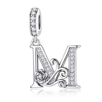LNQOBU Complete A~Z Alphabet Charm Letter Beads, Solid 925 Sterling Silver with Cubic Stones Rose Alphabet Charm fits Pandora Bracelets Necklace Women Jewelry - color: CYT-M