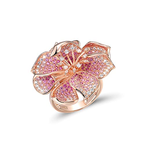 Santuzza Sterling Silver Gemstone Flower Ring for Women - color: [A]Hibiscus-Pink