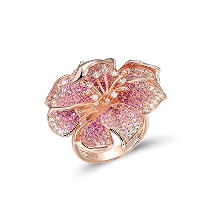 Santuzza Sterling Silver Gemstone Flower Ring for Women - color: [A]Hibiscus-Pink