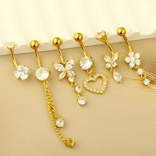 TIANCI FBYJS Surgical Stainless Steel Dangle Belly Button Rings for Women Belly Ring Dangling Piercing Jewelry with Heart Flower Butterfly Silver 14G - color: gold color
