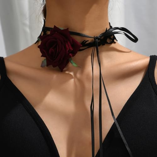 Fesciory Black Necklaces for Women, Adjustable Layered Velvet Leather Lace Collar Necklace, Goth Jewelry Gifts. - color: Rose
