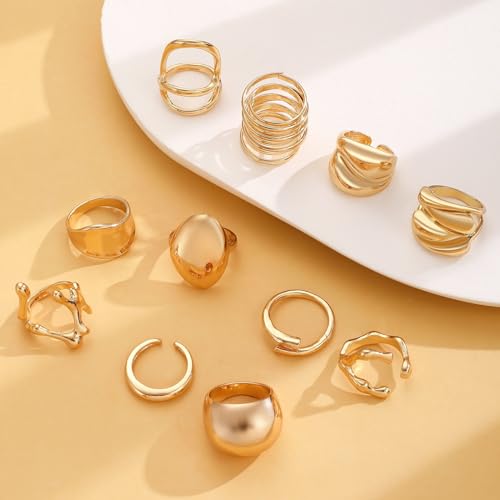 Chunky Gold Rings for Women Rhinestone Stackable Knuckle Ring Set Open Adjustable Statement Ring Set Dainty Crown Cross Midi Rings Fashion Jewelry Gift for Women - color: Gold6