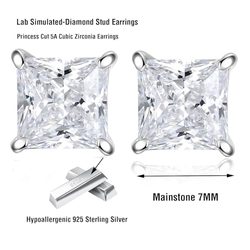 925 Sterling Silver 2-4 Carat Lab Simulation-Diamond Stud Earrings 5A Cubic Zirconia Stud Earrings Hypoallergenic White Gold Plated, Perfect Jewelry Gifts - style: Princess Cut 7MM