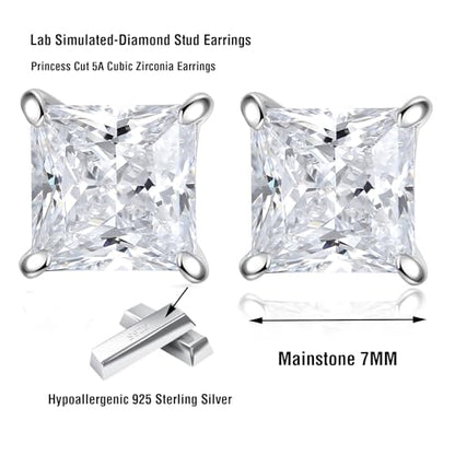 925 Sterling Silver 2-4 Carat Lab Simulation-Diamond Stud Earrings 5A Cubic Zirconia Stud Earrings Hypoallergenic White Gold Plated, Perfect Jewelry Gifts - style: Princess Cut 7MM
