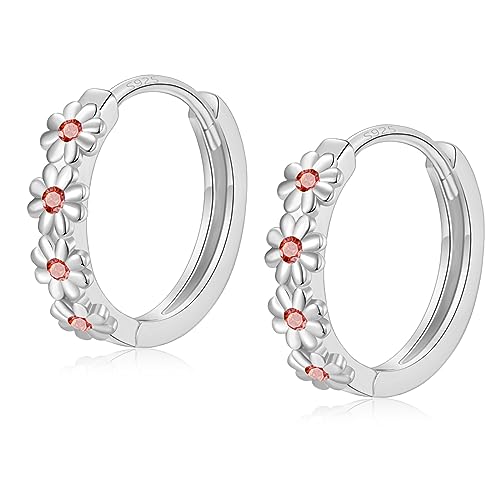 Sterling Silver Hoop Earrings for Women, Dainty Small Huggie Hoop Earrings | Hypoallergenic Daisy Color Cubic Zirconia Flower Hoops Earring Jewellery Gifts for Ladies Birthday Wedding, 12mm Hoop - color: Red