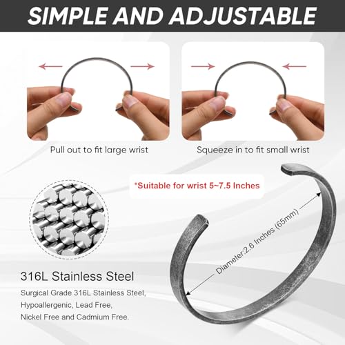 Stainless Steel Mens Cuff Bracelet : Minimal Cool Silver/Black/Gold Plated Open Metal Cuff Bangle Bracelets for Men,Mens Bracelet Jewelry Gift - color: Antique Grey-Single, size: Medium( fit 5.5"-7.2" wrist)