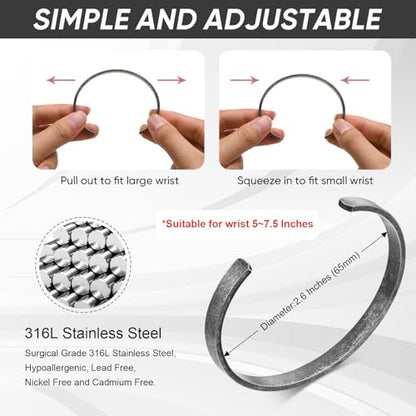 Stainless Steel Mens Cuff Bracelet : Minimal Cool Silver/Black/Gold Plated Open Metal Cuff Bangle Bracelets for Men,Mens Bracelet Jewelry Gift - color: Antique Grey-Single, size: Medium( fit 5.5"-7.2" wrist)