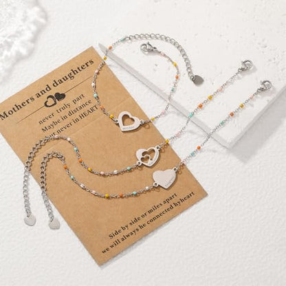 DS Mother Daughter Matching Bracelets,Adjustable Stainless Steel Gift Set | mother’s Day & Birthday Gift Box,Heart Charm,Mommy & Me Style,18K Gold Plated,Hypoallergenic,Daily Wear,Fits Women Teen Girls - color: Silver-6