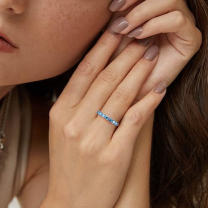 3.5mm Stackable Rings S925 Sterling Silver Created Birthstone & Cubic Zirconia Ring for Women Wedding Bands Anniversary Birthday Jewelry Size 6 to 10(with Box) - color: 12-Created Blue Topaz-Dec