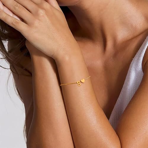 Gold Initial Bracelet for Women Dainty Personalized Name Bracelet | 14K Gold Plated, Letter A-Z Bracelet, Tiny Gold Initial Cute Heart Bracelet Jewelry Gift - color: c