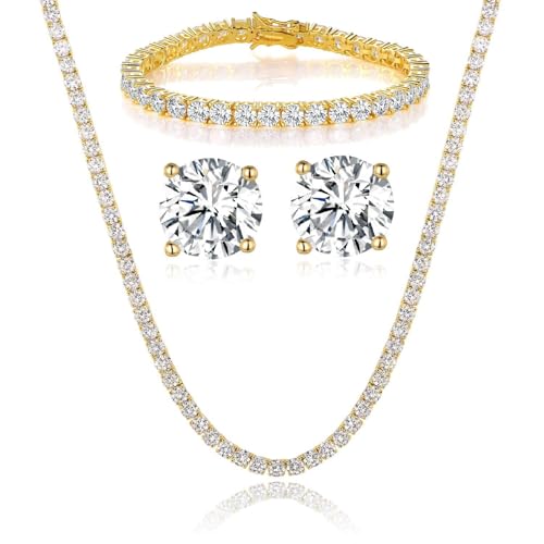 18K Yellow Gold/White Gold Plated Wedding Jewelry Set Tennis Necklace/Bracelet/Earrings Sets Pack of 3 - color: Gold