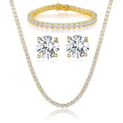 18K Yellow Gold/White Gold Plated Wedding Jewelry Set Tennis Necklace/Bracelet/Earrings Sets Pack of 3 - color: Gold