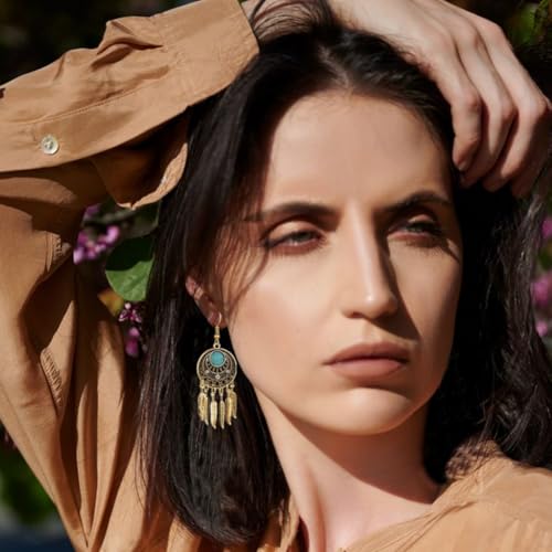 Blue Turquoise Dream Catcher Feather Earrings for Women Vintage Bohemian Western Jewelry - style: Gold Turquoise