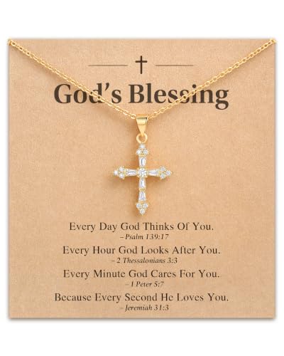 HGDEER God's Blessing Cross Necklace for Women Girls, Catholic Faith Gift | 14K Gold Plated, AAA+ Cubic Zirconia, No Rust No Fade, Gentle on Sensitive Skin, 18+2 in Adjustable Chain for Women Girls
