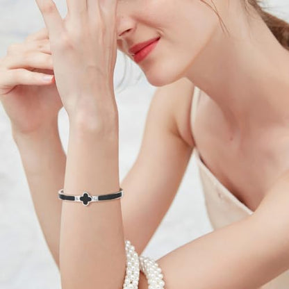 Clover Bracelets for Women Gold and Silver Chunky Oval Clover Bangle | 18k Gold Plated Stainless Steel,Precision Polished Non Tarnish,Black/White/Red/Pink/Orange Clover Bracelet Gifts for Women - color: Silver Black