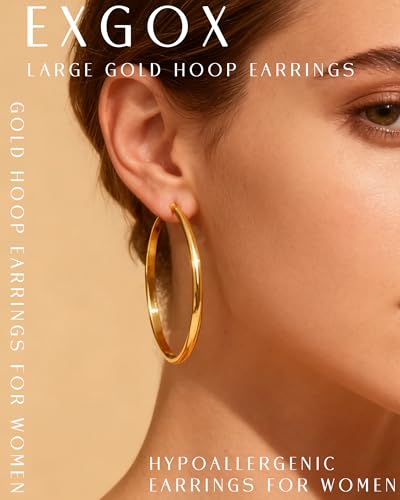 EXGOX 5mm Wide Gold Hoop Earrings for Women,Sterling Silver Hoop Earrings Large Silver Hoop Earrings Hypoallergenic Lightweight 14K Real Gold Plated Big Hoop Earrings for Women 30/40/50/60/70mm - color: 3MM-Gold Hoop-50mm