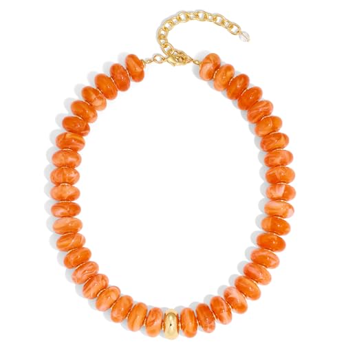 Chunky Beaded Necklace for Women Boho Statement Bead Necklace Adjustable Choker with Polished Disc/Square Beads Trendy Summer Beach Jewelry Gifts - color: Orange