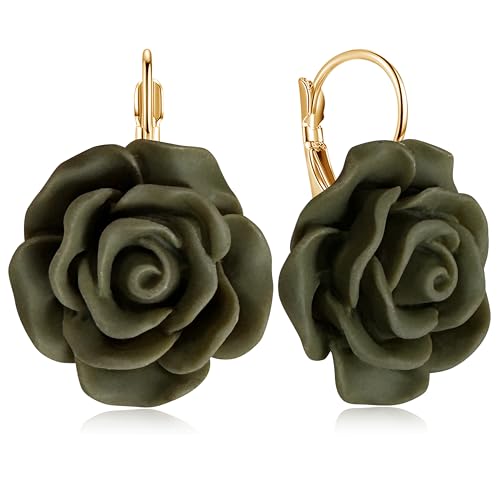 Handmade Bohemian Aesthetic Dainty Acrylic Flower Petal Leverback Earrings Sparkly 14K Gold Floral Dangle Drop Earrings for Women - color: Olive Green