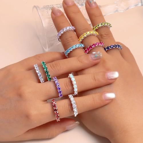 Birthstone Wedding Band Eternity Rings 925 Sterling Silver Rings Stackable Anniversary Engagement Rings Cubic Zirconia Inlaid Created Garnet/Amethyst/Sapphire Ring 7 Stone Ring, Size 6 to 10 - color: Opal