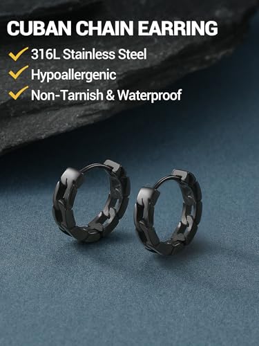 PROSTEEL Stainless Steel Huggie Hoop Earrings for Mens Gold/Black/Silver | Skull/Infinity Pattern, Spike/Cuban Links 4 Design Options Hypoallergenic Lightweight Earring Hip Hop Punk Gothic Jewelry - style: Cuban Links-Black