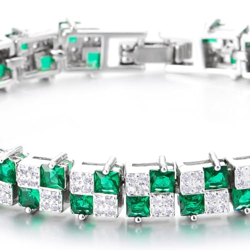 COOLSTEELANDBEYOND Women's Emerald Green and White CZ Tennis Bracelet, Square Cut Stones, Bangle Bracelet, Luxurious