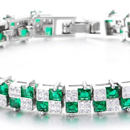 COOLSTEELANDBEYOND Women's Emerald Green and White CZ Tennis Bracelet, Square Cut Stones, Bangle Bracelet, Luxurious