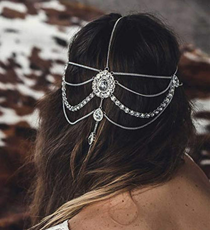 DoubleNine Bohemian Head Chain Bridal Wedding Headpiece Rhinestone Teardrop Headband Crystal Hair Accessories Headpiece Godness Head Dress for Women (silver) - color: silver