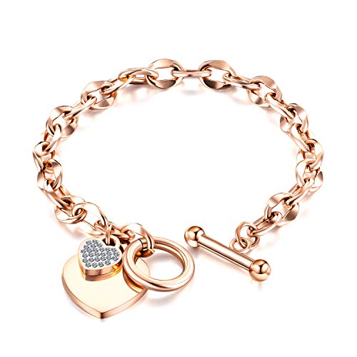 kelistom 316L Stainless Steel Love Heart Charm Bracelet for Women Romantic Gift Silver/Rose/18k Gold Plated OT Clasp Bracelets - color: rose gold-1