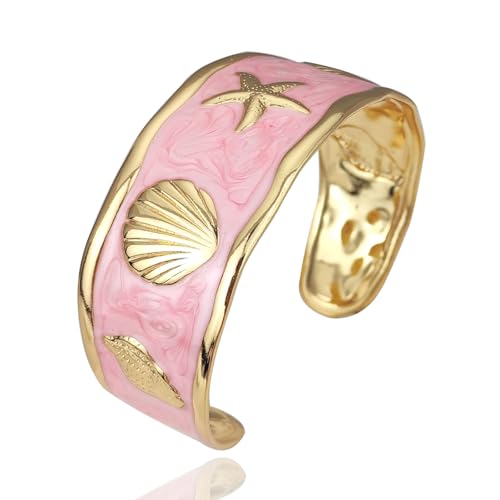 YBMYCM Chunky Shell Cuff Bracelet for Women, Hammered Boho Open Bangle | Adjustable Irregular Wide Bracelets Jewelry Gifts for Women, Perfect for Daily Wear - color: Pink2