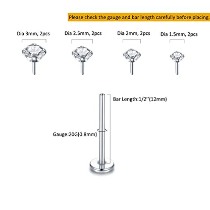Oveta Threadless Push in Lip Rings 16G/18G/20G Labret Jewelry CZ Lip Studs Stainless Steel Cartilage Earrings for Women Monroe Medusa Piercing Jewelry 6/7/8/10/12mm Bar Length - color: Silver, size: 20G*12mm bar*1.5/2/2.5/3mm cz