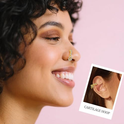 BSJ4U Hoop Nose Rings for Women Nose Piercings 20G Stainless Steel Nose Rings Hoops Heart Butterfly Flower Bow Teardrop Double Nose Hoops Gold Plated Silver Pink Clear CZ Nose Piercing Jewelry - color: Gold Plated Clear Nose Rings